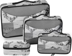 Retro Hearts of Seashells, Starfish, Driftwood and Beach Goods 4 PCs Set Packing Bags, Luggage Organizer Bag, Portable Cube Toiletry bag, Durable Travel Cosmetic Storage Bag for Men Women