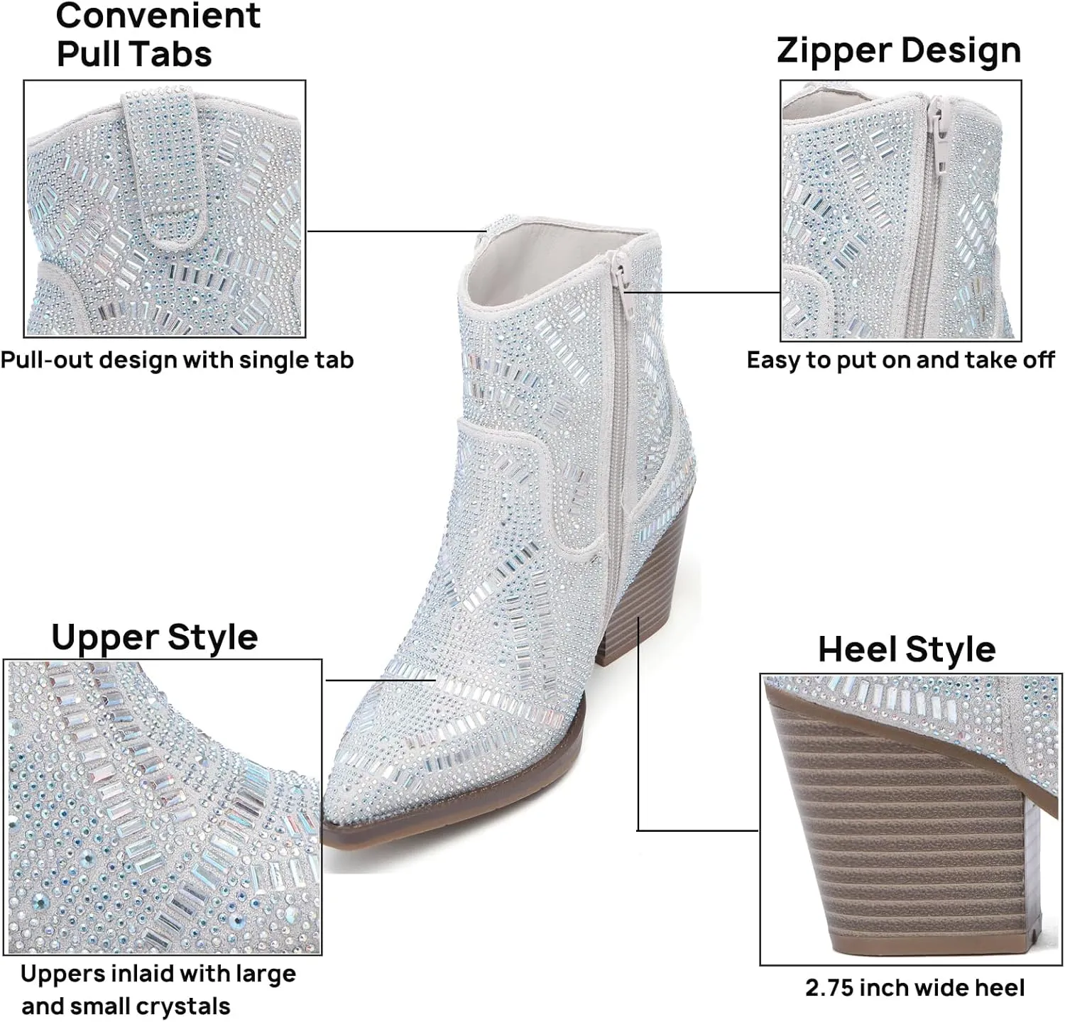 Rhinestone Boots for Women Black Diamonds Cowboy Boots Silver Cowgirl Boots Sparkly Pink Shoes Glitter Red Short Shoes Elegante Wide Mid Calf Ankle & Bootie