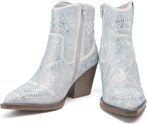 Rhinestone Boots for Women Black Diamonds Cowboy Boots Silver Cowgirl Boots Sparkly Pink Shoes Glitter Red Short Shoes Elegante Wide Mid Calf Ankle & Bootie