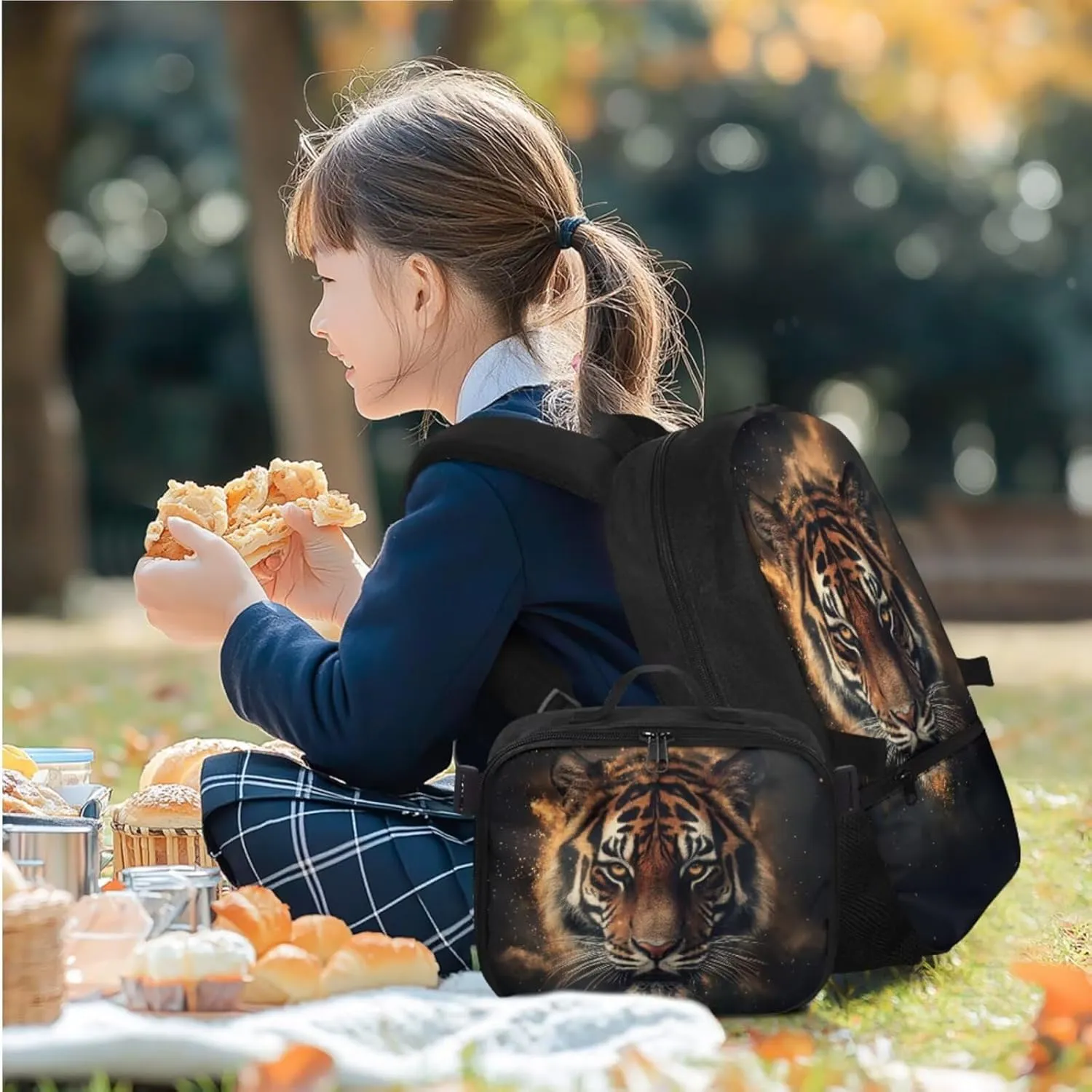 Rnyleeg Tiger Backpack for School with Lunch Box Cool Boys Backpack 10-12 Years Old 17 inch Large Capacity Primary School Bag Set 3 Pcs Travel Bookbag Casual Packsack