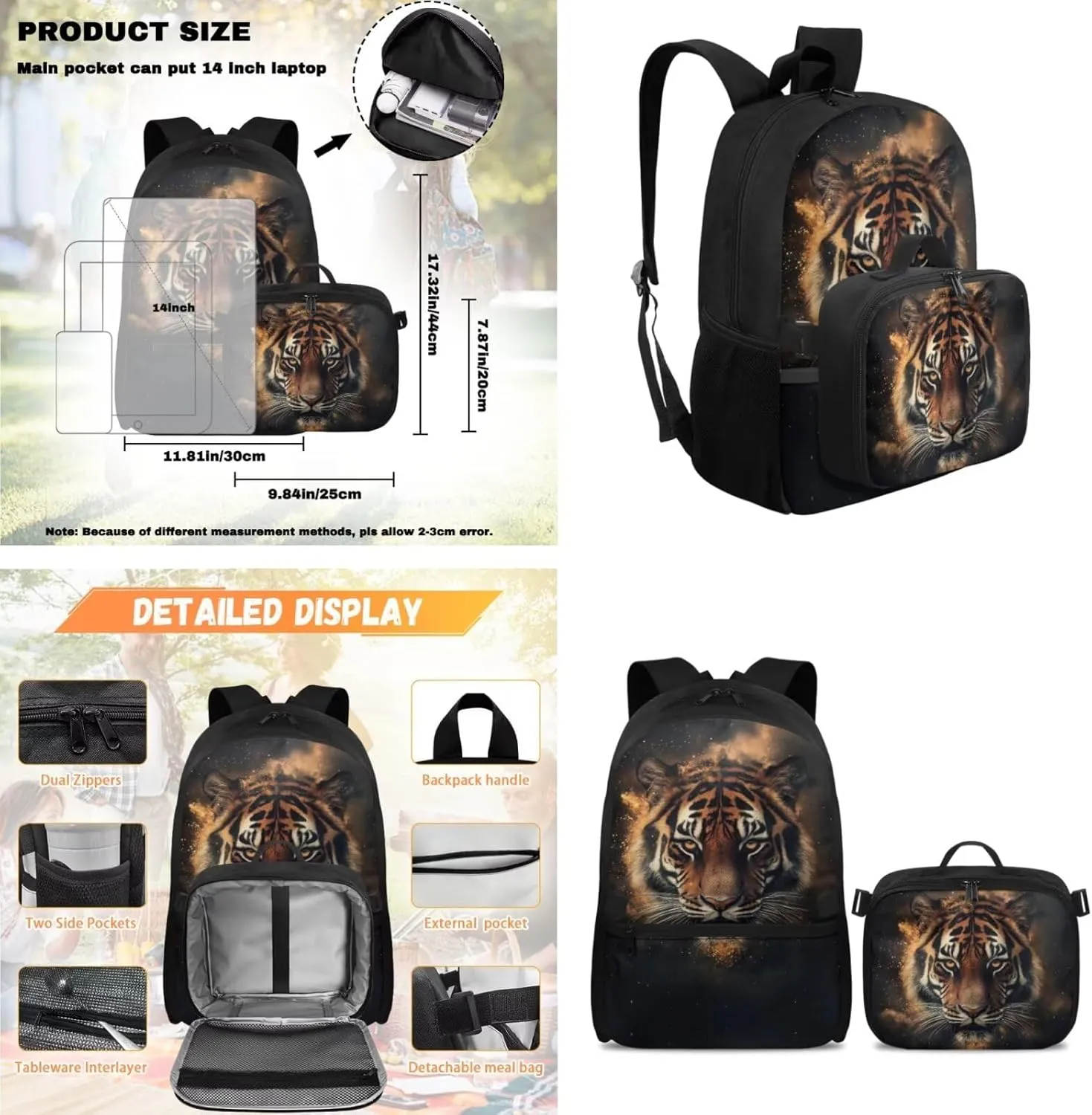 Rnyleeg Tiger Backpack for School with Lunch Box Cool Boys Backpack 10-12 Years Old 17 inch Large Capacity Primary School Bag Set 3 Pcs Travel Bookbag Casual Packsack