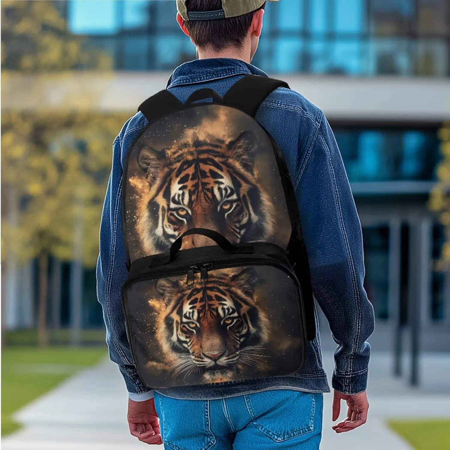 Rnyleeg Tiger Backpack for School with Lunch Box Cool Boys Backpack 10-12 Years Old 17 inch Large Capacity Primary School Bag Set 3 Pcs Travel Bookbag Casual Packsack