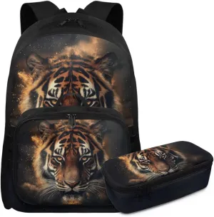 Rnyleeg Tiger Backpack for School with Lunch Box Cool Boys Backpack 10-12 Years Old 17 inch Large Capacity Primary School Bag Set 3 Pcs Travel Bookbag Casual Packsack