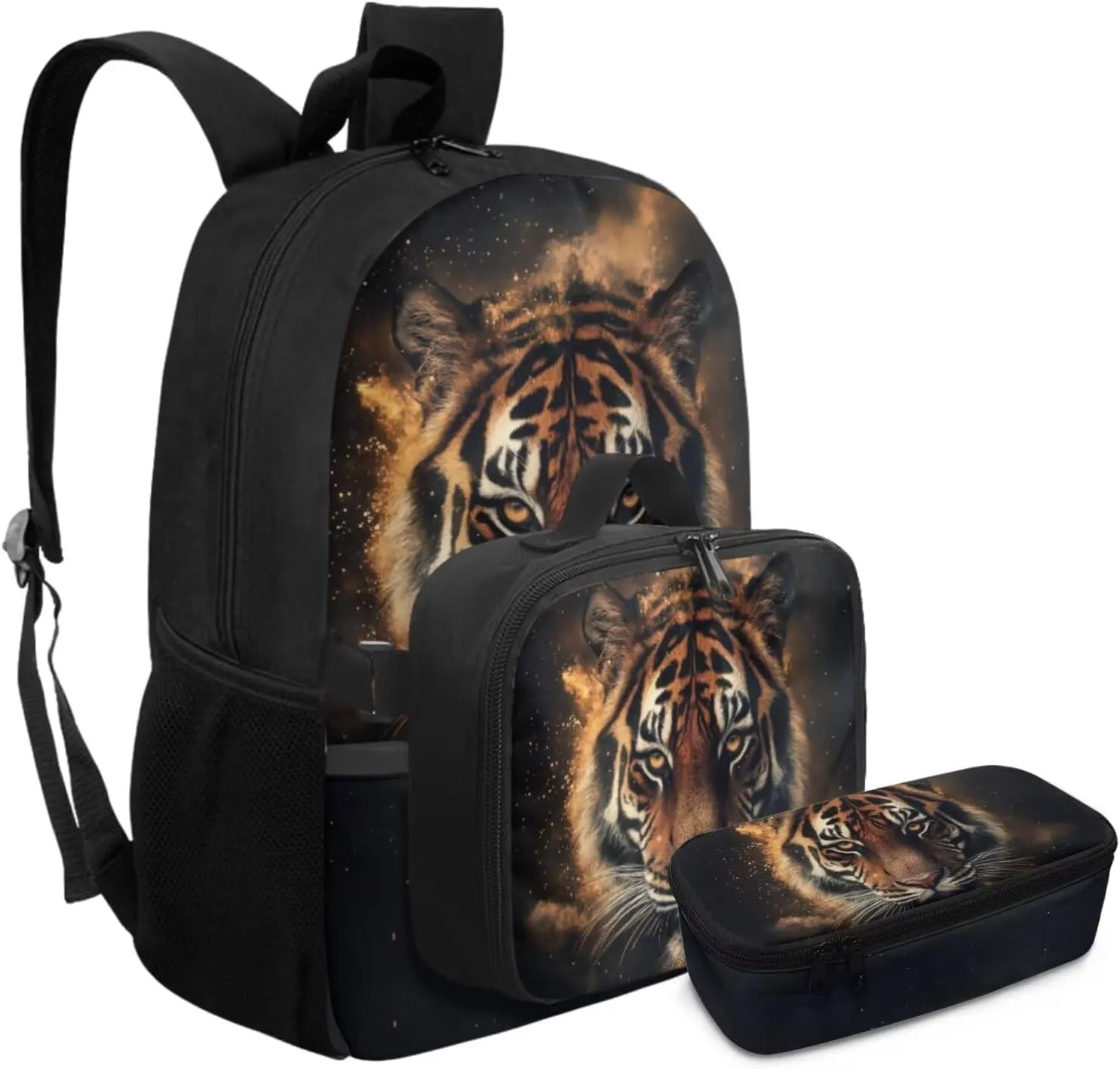 Rnyleeg Tiger Backpack for School with Lunch Box Cool Boys Backpack 10-12 Years Old 17 inch Large Capacity Primary School Bag Set 3 Pcs Travel Bookbag Casual Packsack