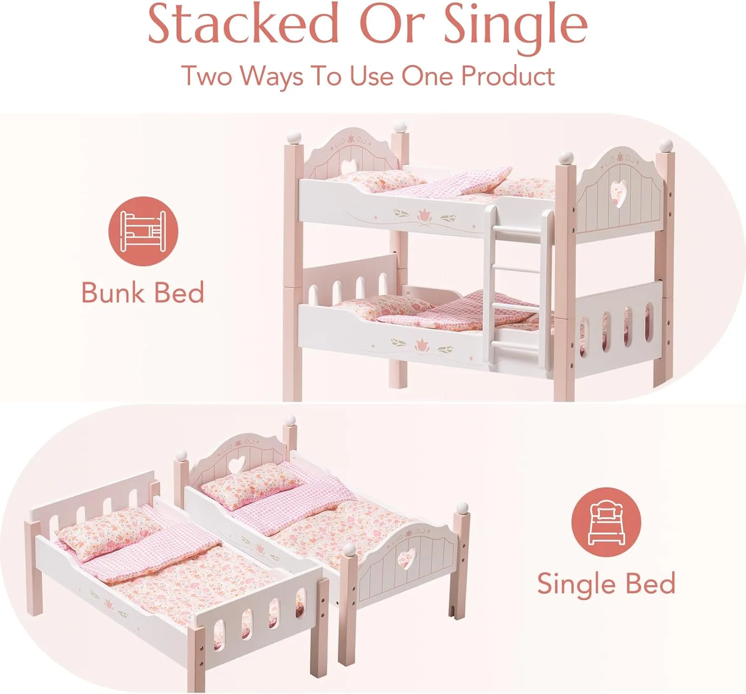 ROBOTIME Baby Doll Bunk Beds, Wooden Baby Doll Crib, Stackable Doll Bed Toy, High18 inch Dolls Furniture Fits American Girl 3  (Pink, 2 Pcs Beds)