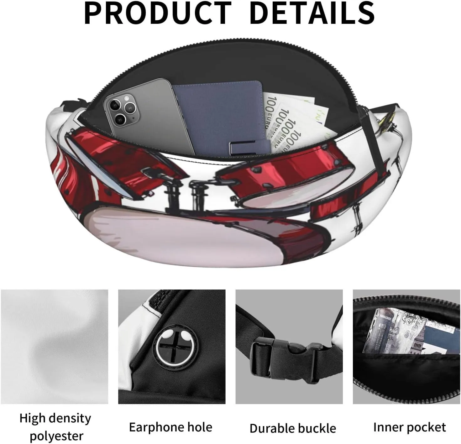 Rock Music Drum Kit Fanny Pack, Crossbody Waist Packs for Women Men Waist Bags with Adjustable Strap for Travel Running Hiking Sport