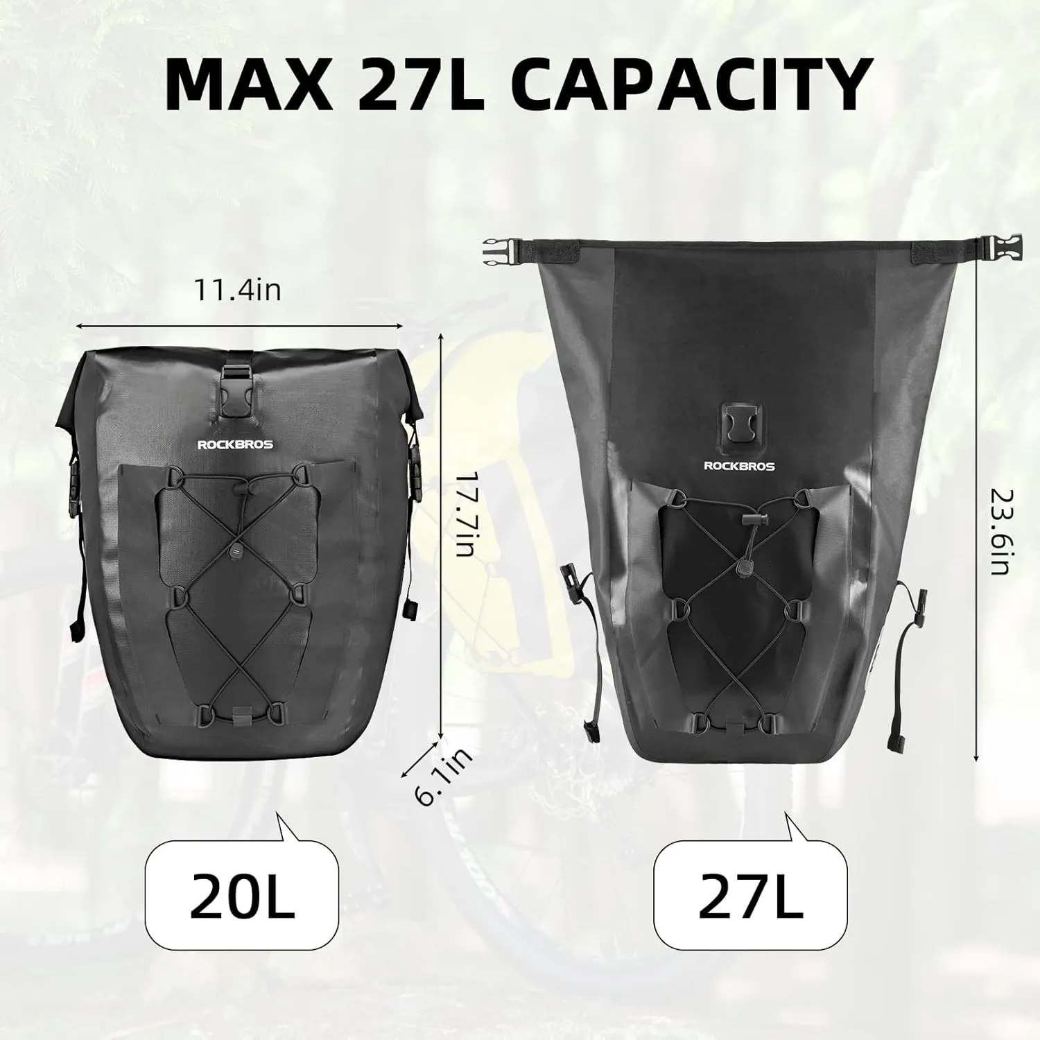 ROCKBROS Bike Pannier Waterproof 27L Large Capacity Bike Bag Rear Rack Waterproof for Grocery Touring Cycling Black*2