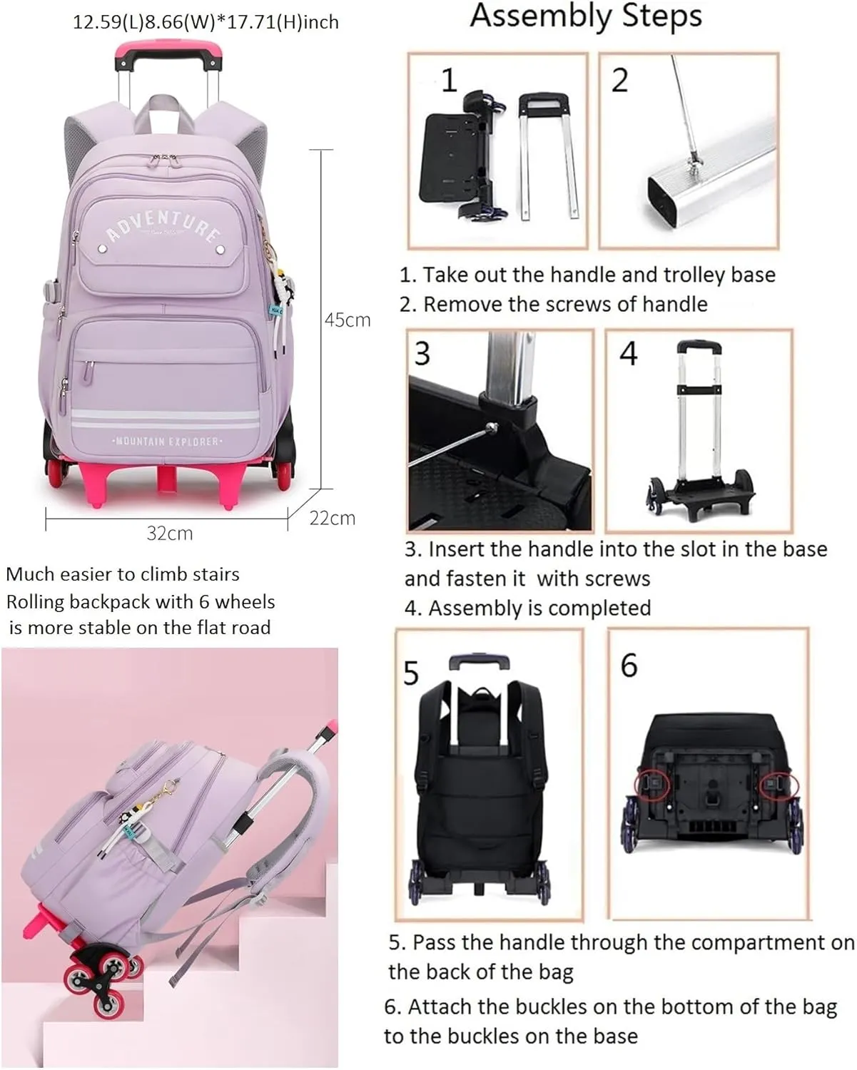 Rolling Backpack for Girls Kids Backpack with Wheels Roller Bookbag Trolley School Bag Wheeled Bag