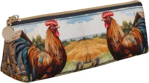 Rooster on Wood in Farmland Triangle Leather Case Multi Functional Cosmetic Bag Portable Makeup and Stationery Storage Bag ﻿