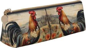 Rooster on Wood in Farmland Triangle Leather Case Multi Functional Cosmetic Bag Portable Makeup and Stationery Storage Bag ﻿