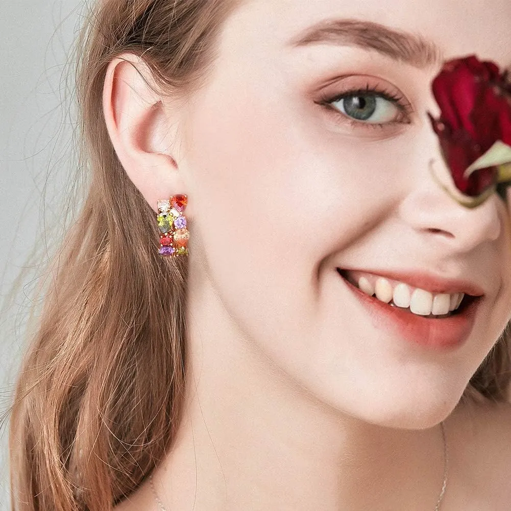 Rose Gold Hoop Earring for Women Multicolored Crystal Earring Sterling Silver Multi Gemstone Earrings Amethyst Ruby Sapphire Garnet Earring for Fashion Jewelry Ideal Valentine's Day
