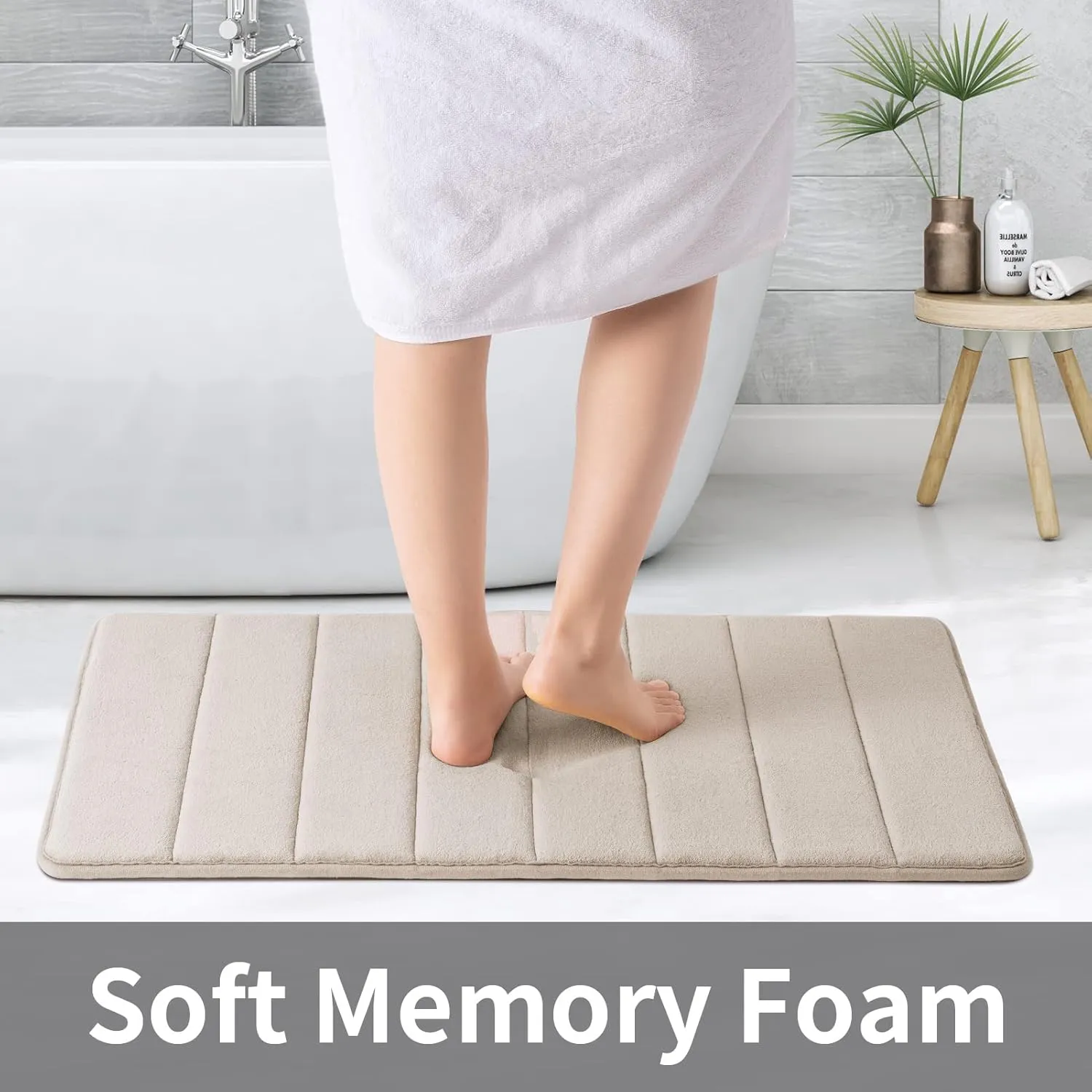 ROSMARUS Memory Foam Shower Mat, 20' x 32', Thick Non Slip Bath Rugs with PVC Backing, Ultra Soft for Floor & Tub, Ltbrown