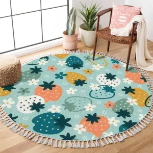 Round Boho Rug Cute Strawberry and Flowers Colorful Seamless Multicolor Area Rug Linen Rug Carpet Patio Rug Hallway Runner Rug Mat Pad Minimalist Home Decor for Living Room Outdoor