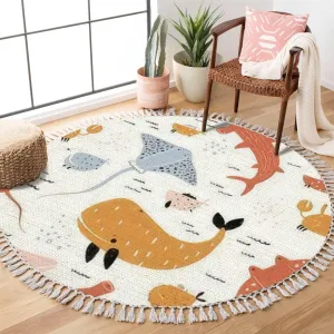 Round Boho Rug Hand Drawn Colored Childish Seamless Repeating Simple Flat with Area Linen Carpet Patio Hallway Runner Mat Pad Minimalist Home Decor for Living Room Outdoor, 4 ft