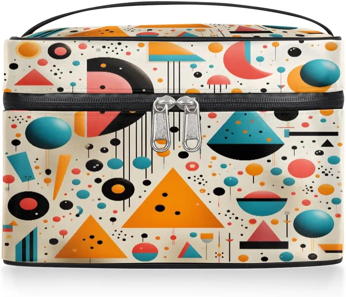 Round Triangle Makeup Bag,Fashion Imprint Portable Cosmetic Bag, Large Capacity Travel Toiletry Bag Wash Bag with Compartments and Handles- Cosmetic Case Organizer for Ladies Traveling