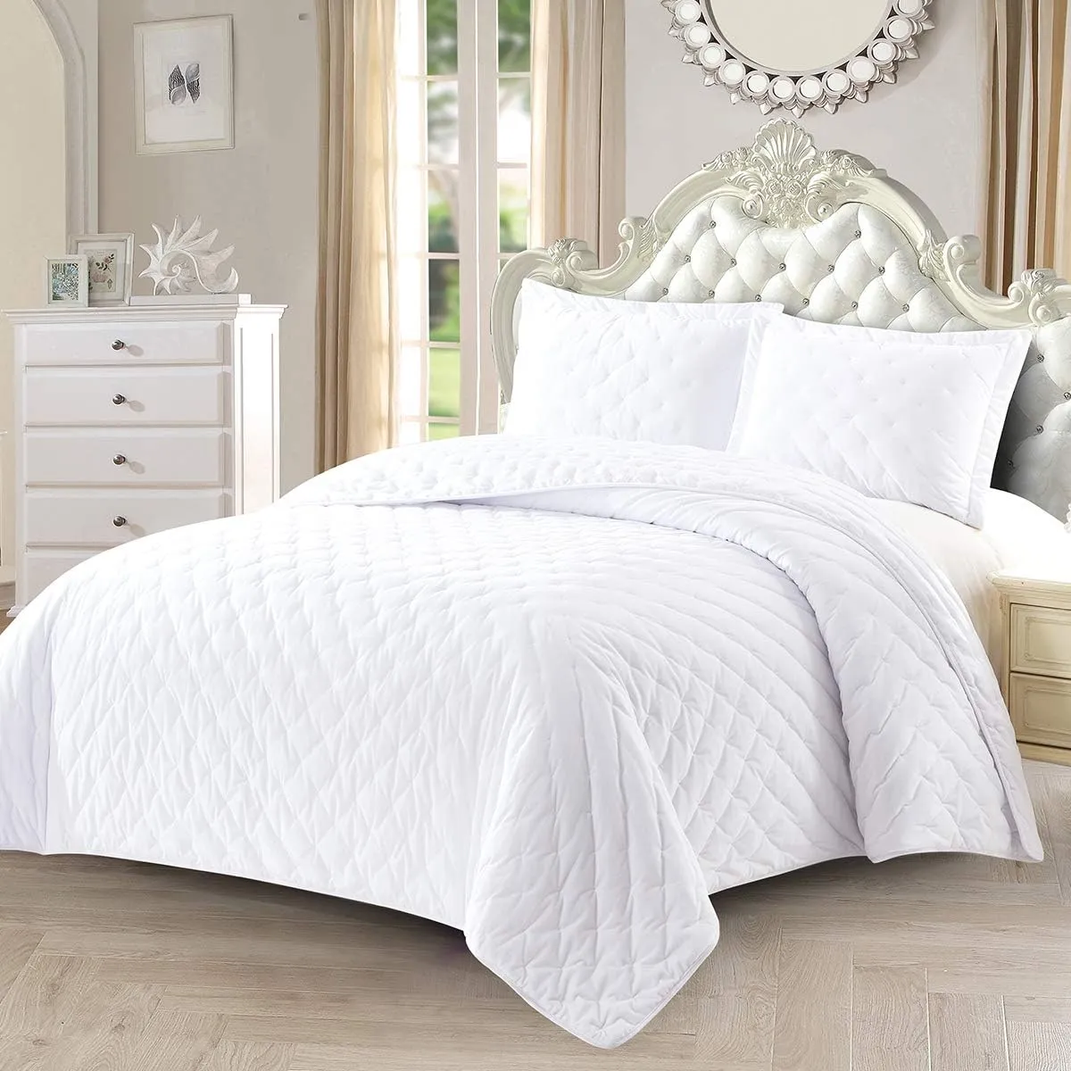Royal Tradition Velvet White Fluffy Coverlets, King Oversized 3pc Quilt Set (110-Inch Wide x 96-Inch Long) All Seasons Bedspread with Embroidered Mini Dots