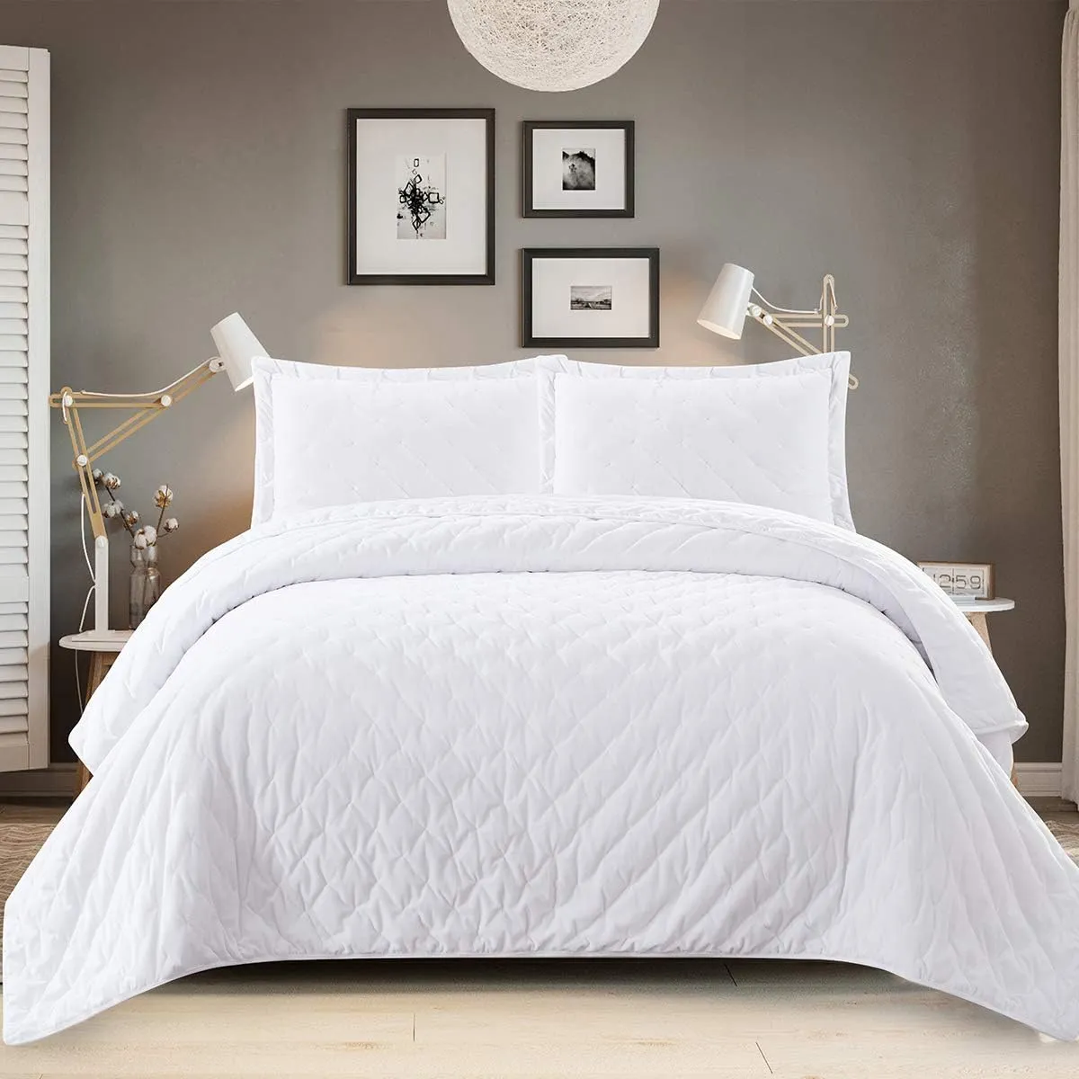 Royal Tradition Velvet White Fluffy Coverlets, King Oversized 3pc Quilt Set (110-Inch Wide x 96-Inch Long) All Seasons Bedspread with Embroidered Mini Dots