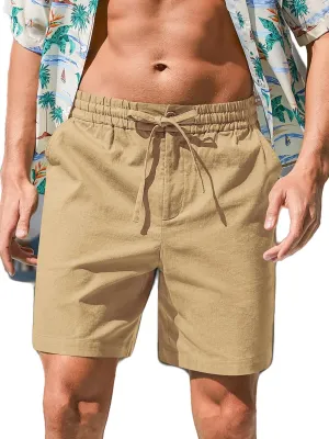 RQP Mens Cotton Linen Shorts Casual Drawstring 7inch Inseam Shorts Stretch Summer Beach Wear