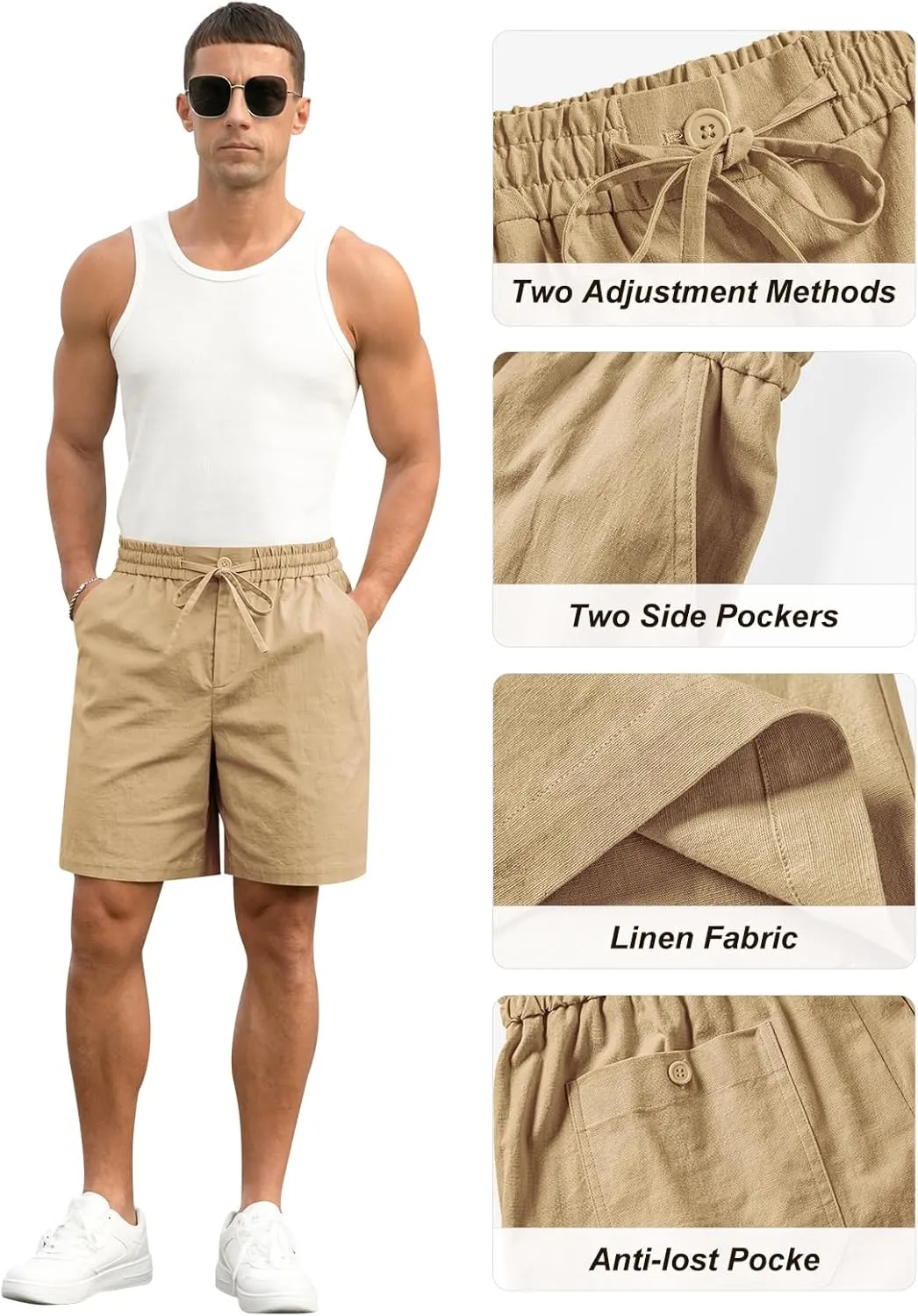 RQP Mens Cotton Linen Shorts Casual Drawstring 7inch Inseam Shorts Stretch Summer Beach Wear