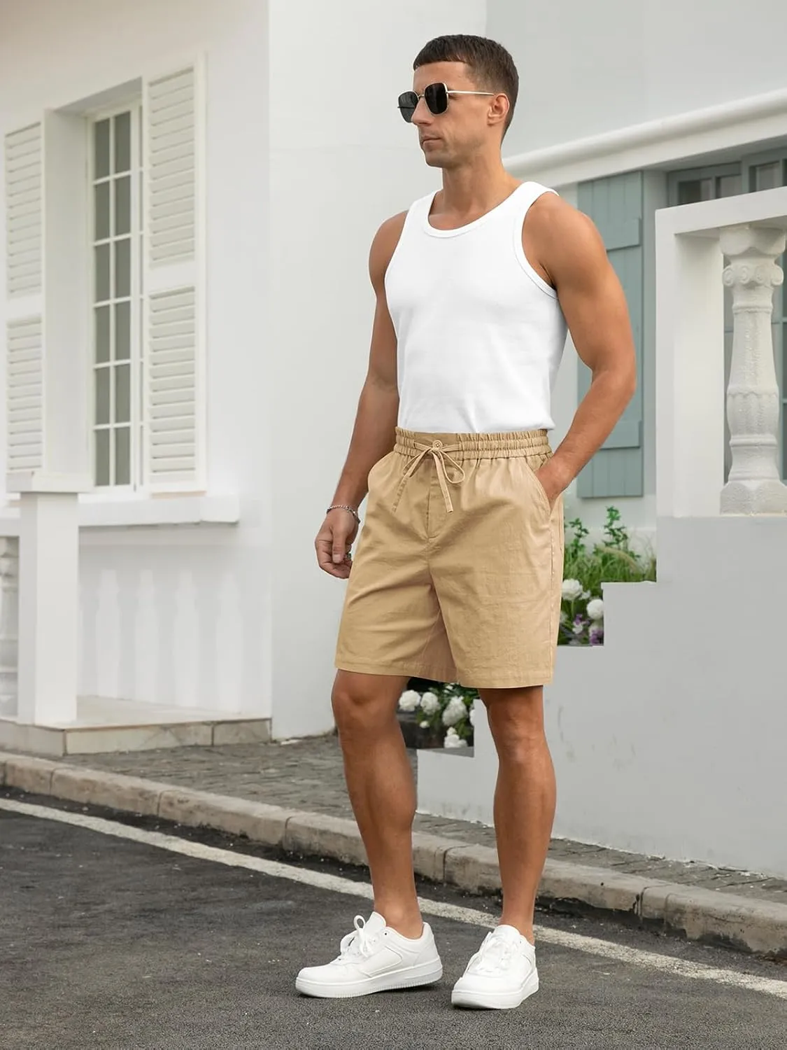 RQP Mens Cotton Linen Shorts Casual Drawstring 7inch Inseam Shorts Stretch Summer Beach Wear