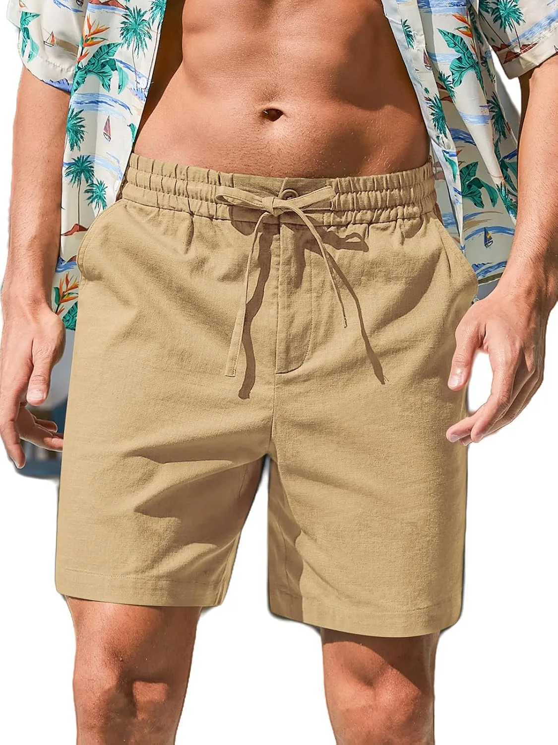 RQP Mens Cotton Linen Shorts Casual Drawstring 7inch Inseam Shorts Stretch Summer Beach Wear
