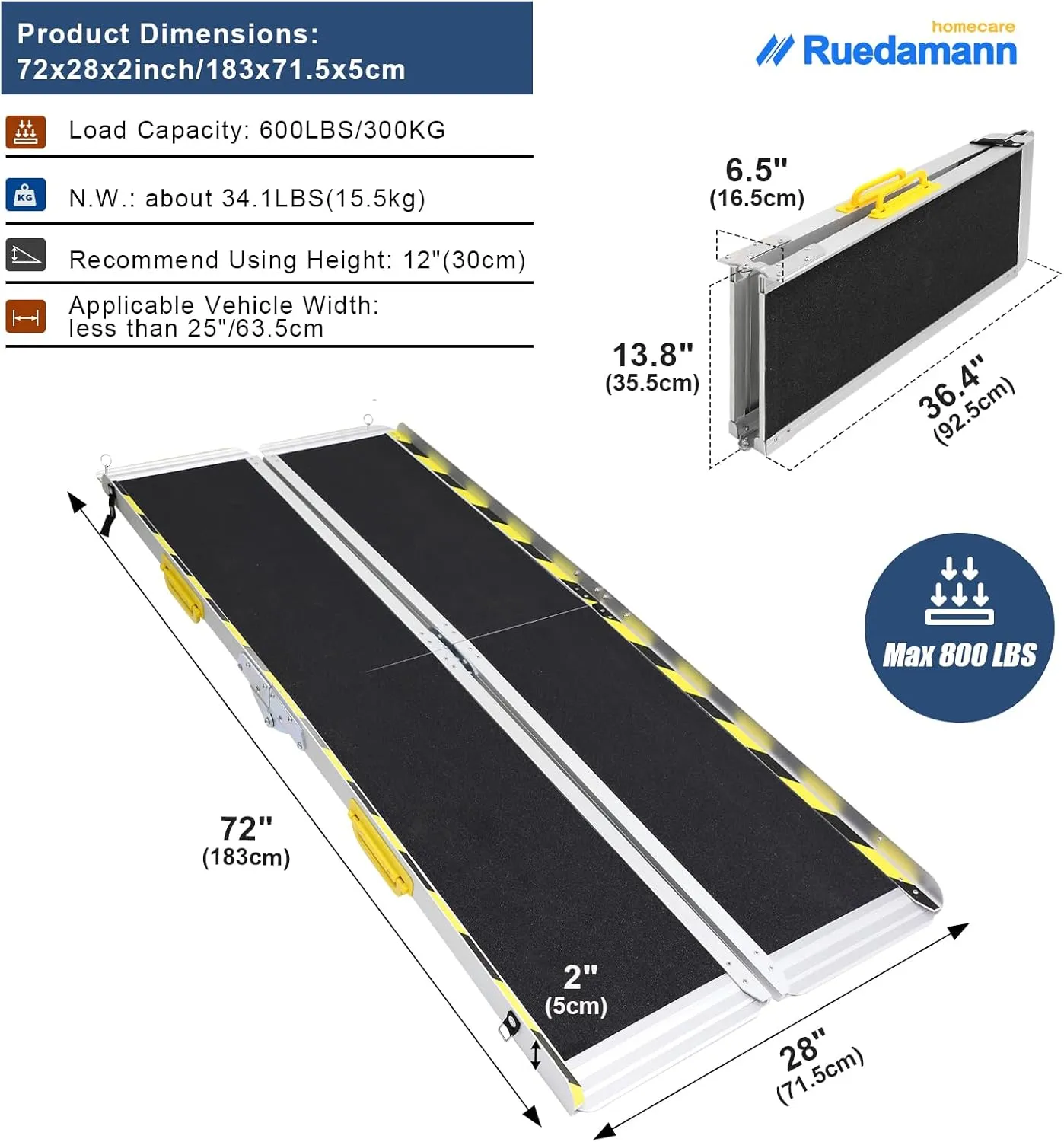 Ruedamann 6FT Aluminum Wheelchair Ramps, 600 Pound Capacity Foldable Handicap Ramp, Non-Skid Surface Threshold Ramp, Wheel Chair Ramp for Home Steps, Stairs, Doorways,1PC