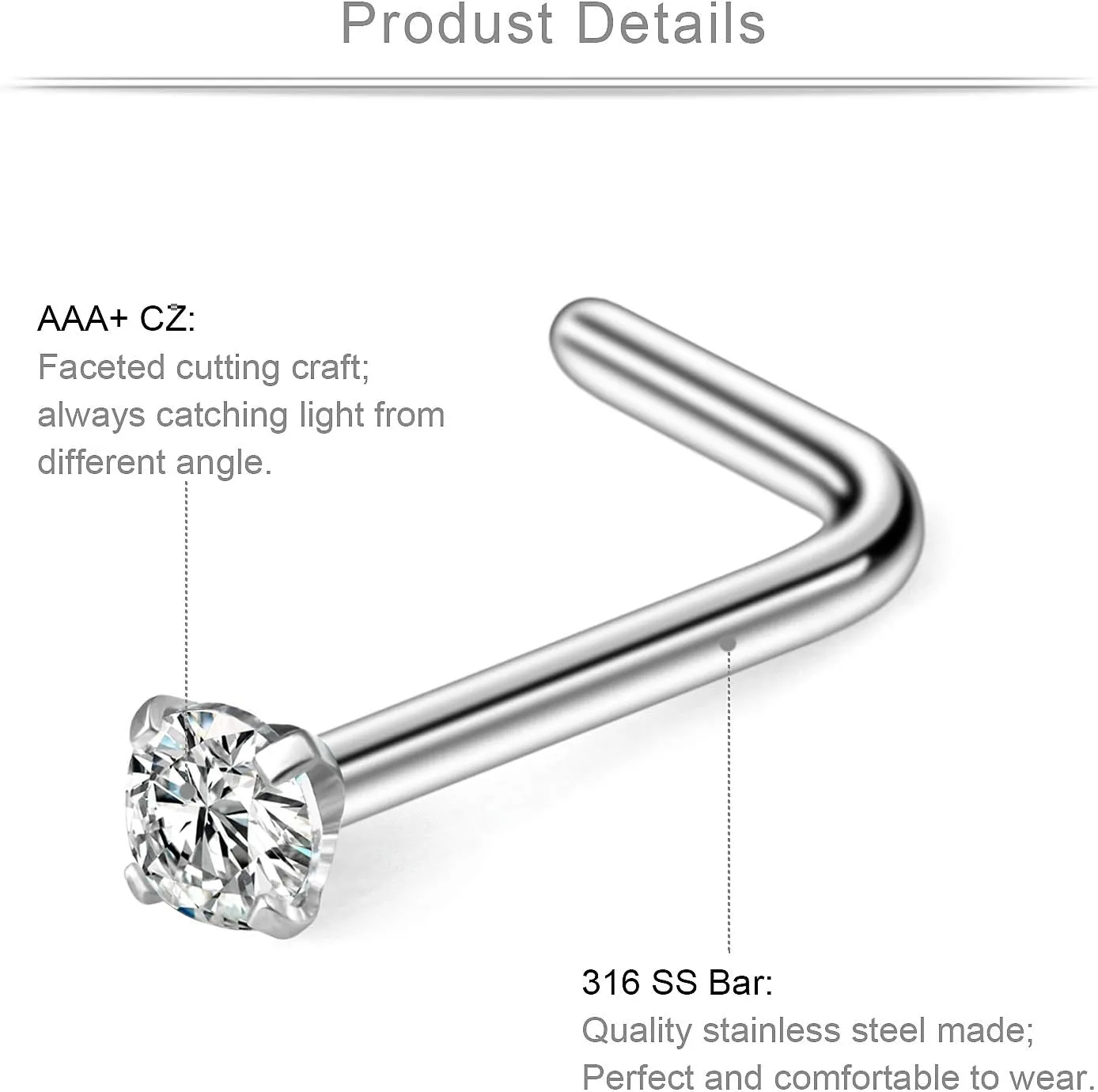 Ruifan 20G 18G Surgical Steel 1.5mm-3mm Flat Ball Clear Diamond CZ Opal Heart Nose Stud Rings L Shaped Piercing Jewelry 16-24PCS