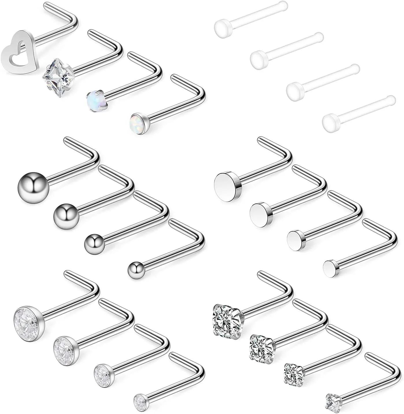 Ruifan 20G 18G Surgical Steel 1.5mm-3mm Flat Ball Clear Diamond CZ Opal Heart Nose Stud Rings L Shaped Piercing Jewelry 16-24PCS