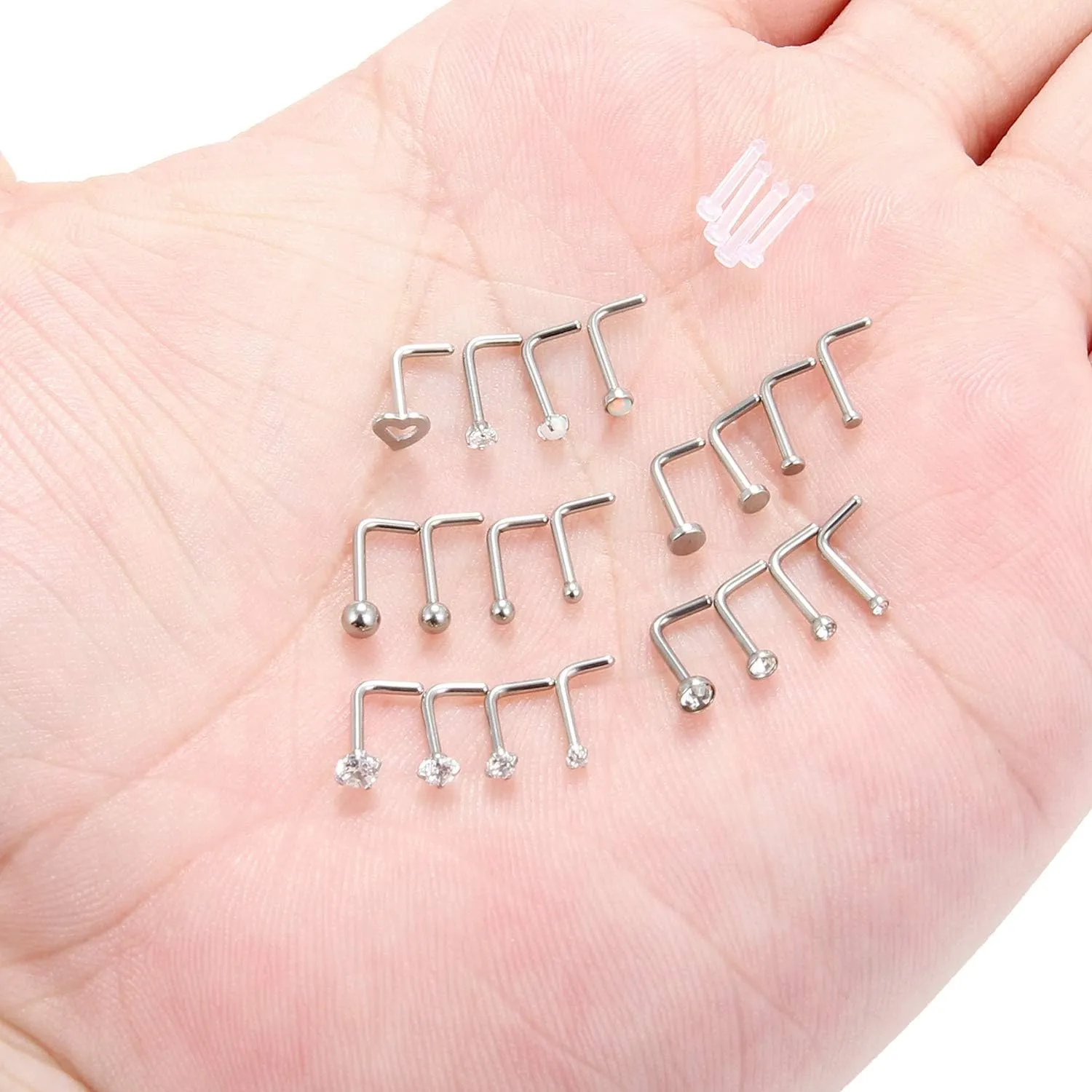 Ruifan 20G 18G Surgical Steel 1.5mm-3mm Flat Ball Clear Diamond CZ Opal Heart Nose Stud Rings L Shaped Piercing Jewelry 16-24PCS