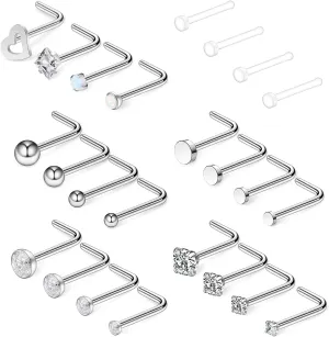 Ruifan 20G 18G Surgical Steel 1.5mm-3mm Flat Ball Clear Diamond CZ Opal Heart Nose Stud Rings L Shaped Piercing Jewelry 16-24PCS