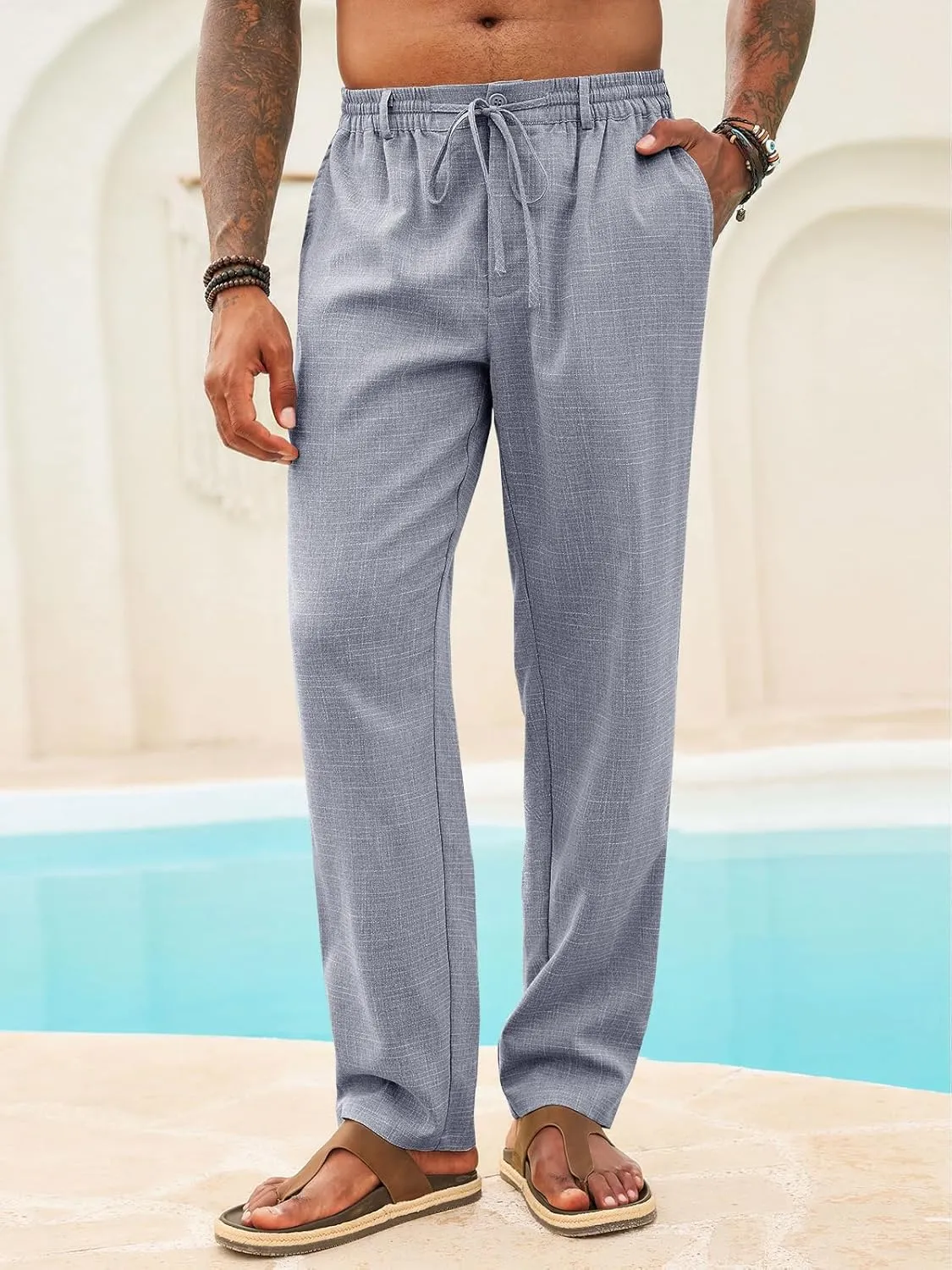 Runcati Mens Casual Pants Linen Elastic Waist Drawstring Lightweight Pants Loose Fit Summer Beach Yoga Trouser