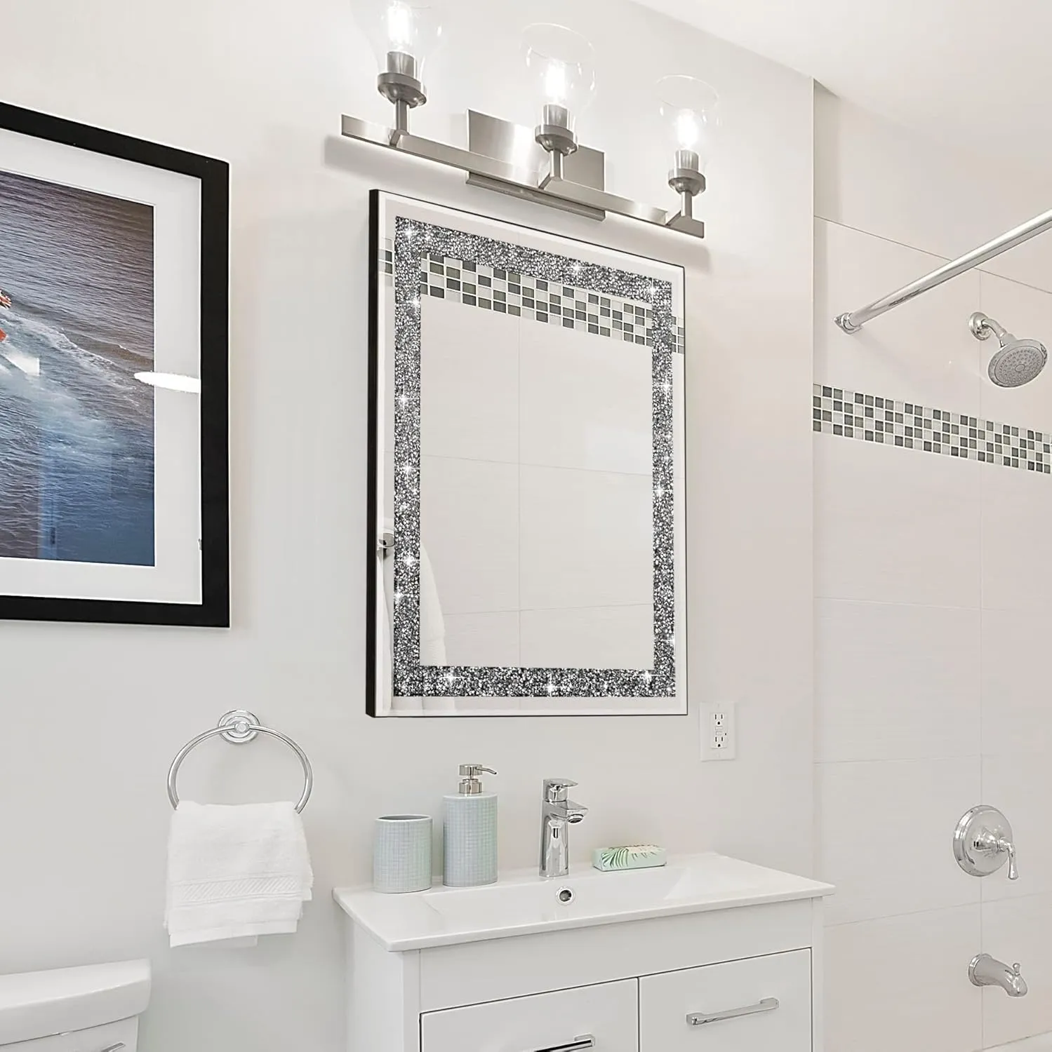 Ruomeng Rectangular Wall Mirror Crystal Crush Diamond Mirror for Home Décor Accent Mirror for Bathroom, Entryway and Bedroom, 16" x 20"
