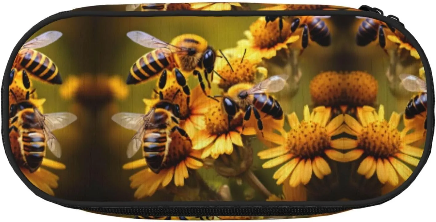 Rural Honey Bees flowers print Makeup Cosmetic Bag Stationary Kawaii Pencil Box Pouch Gadget Organizer Bag with Zipper