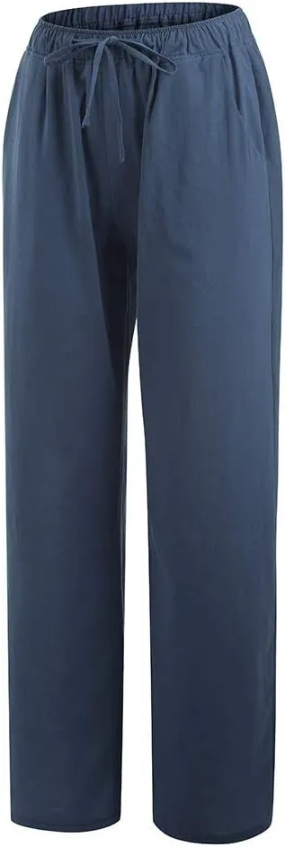 Ruziyoog Women's Cotton Linen Pants Summer Drawstring Waist Wide Leg Lounge Palazzo Pants Casual Loose Yoga Trousers