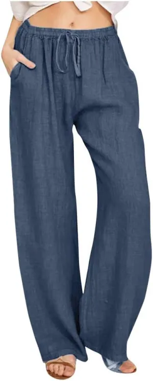 Ruziyoog Women's Cotton Linen Pants Summer Drawstring Waist Wide Leg Lounge Palazzo Pants Casual Loose Yoga Trousers