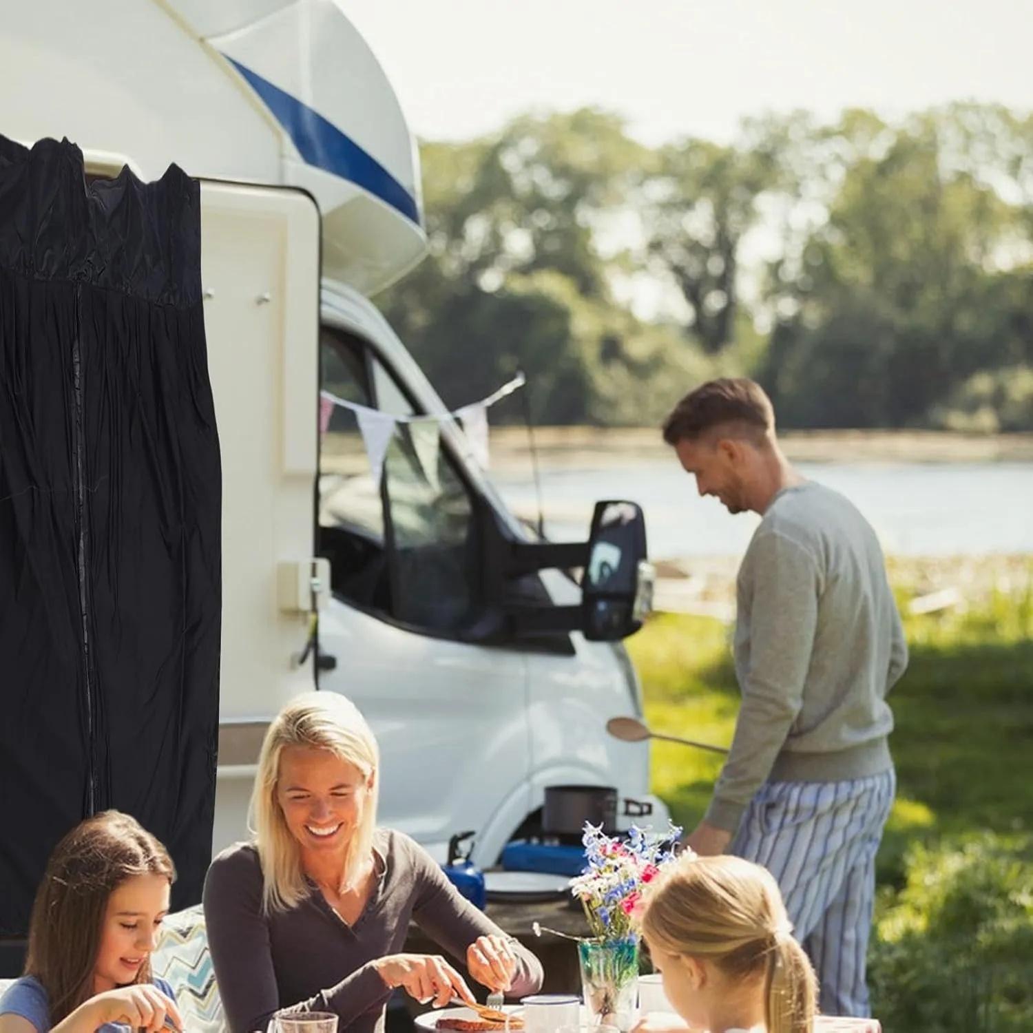 RV Camping Car Door Curtain, Outdoor Magnetic Closure Curtainwith Double Layer Structure for All Weather Condition (W130*H155cm)