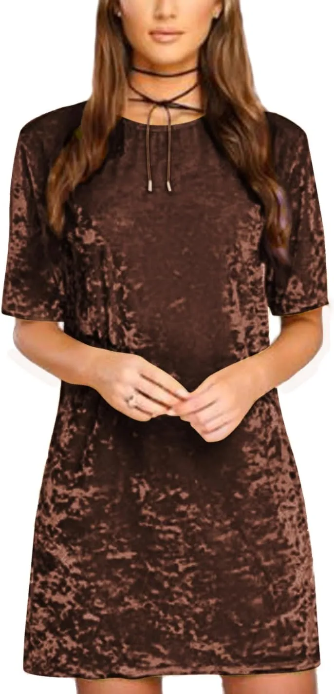 R.Vivimos Women's Summer Short Sleeve Crushed Velvet Mini Short Dresses