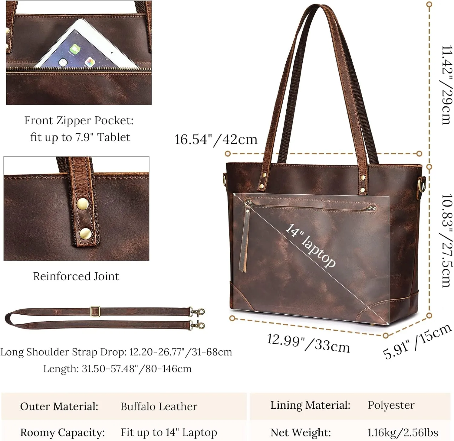 S-ZONE Genuine Leather Tote Bag for Women Work Shoulder Crossbody Purses Handbag with Outside Pockets
