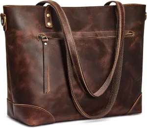 S-ZONE Genuine Leather Tote Bag for Women Work Shoulder Crossbody Purses Handbag with Outside Pockets