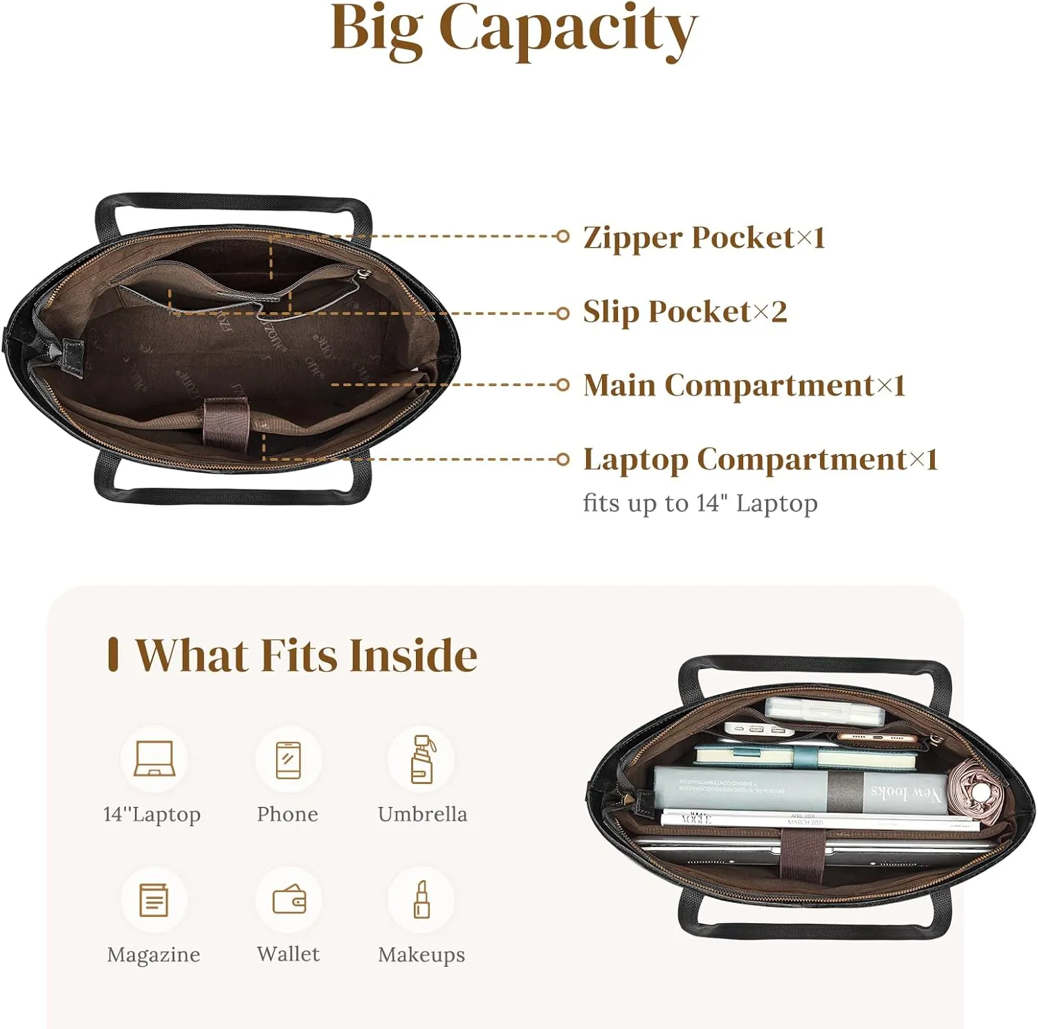 S-ZONE Genuine Leather Tote Bag for Women Work Shoulder Crossbody Purses Handbag with Outside Pockets
