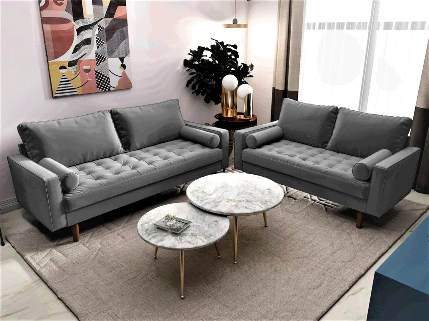 S5457 Mid Century Modern Velvet Upholstered Tufted Living Room Sofa, 69.68", Grey