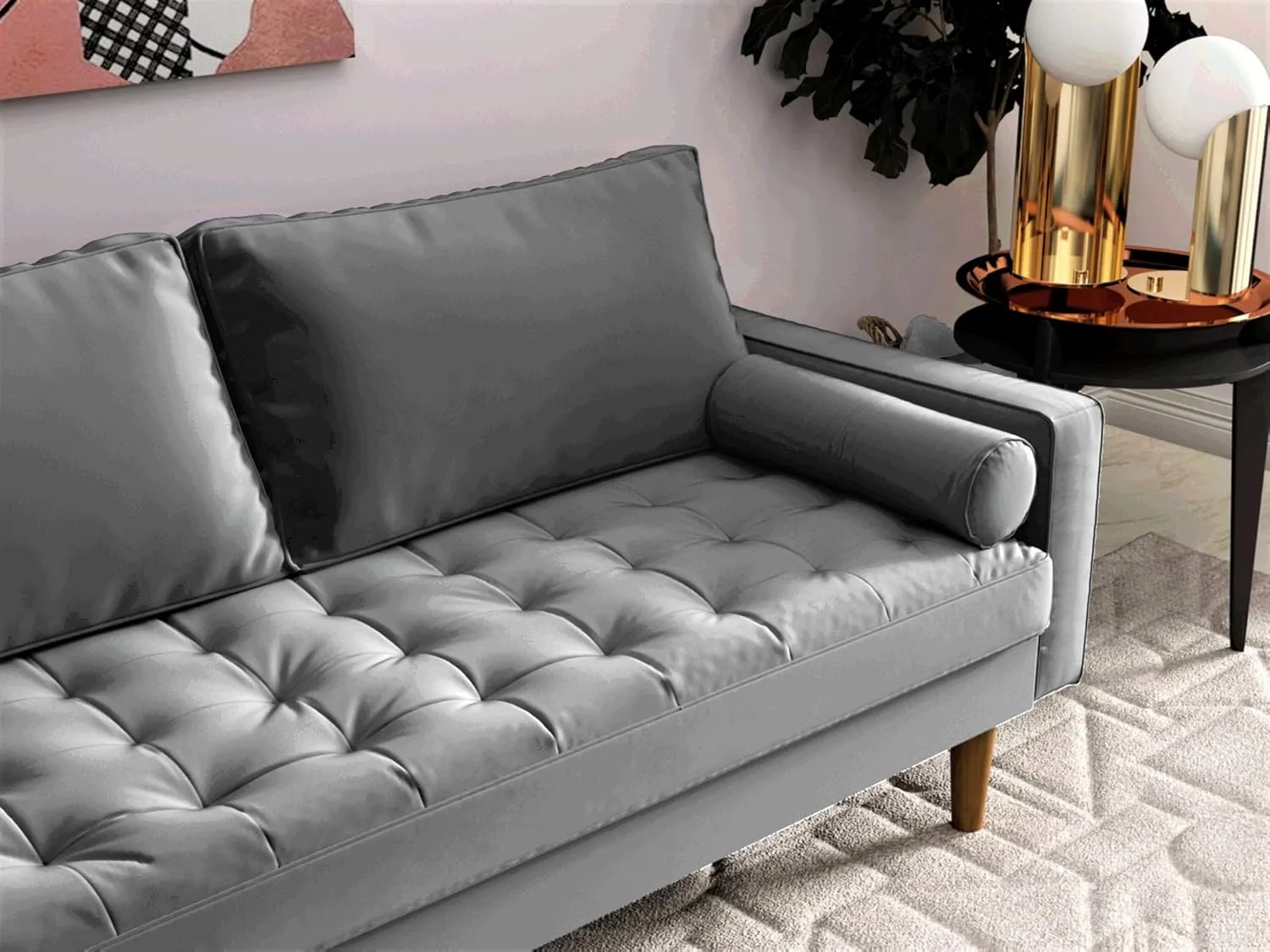 S5457 Mid Century Modern Velvet Upholstered Tufted Living Room Sofa, 69.68", Grey