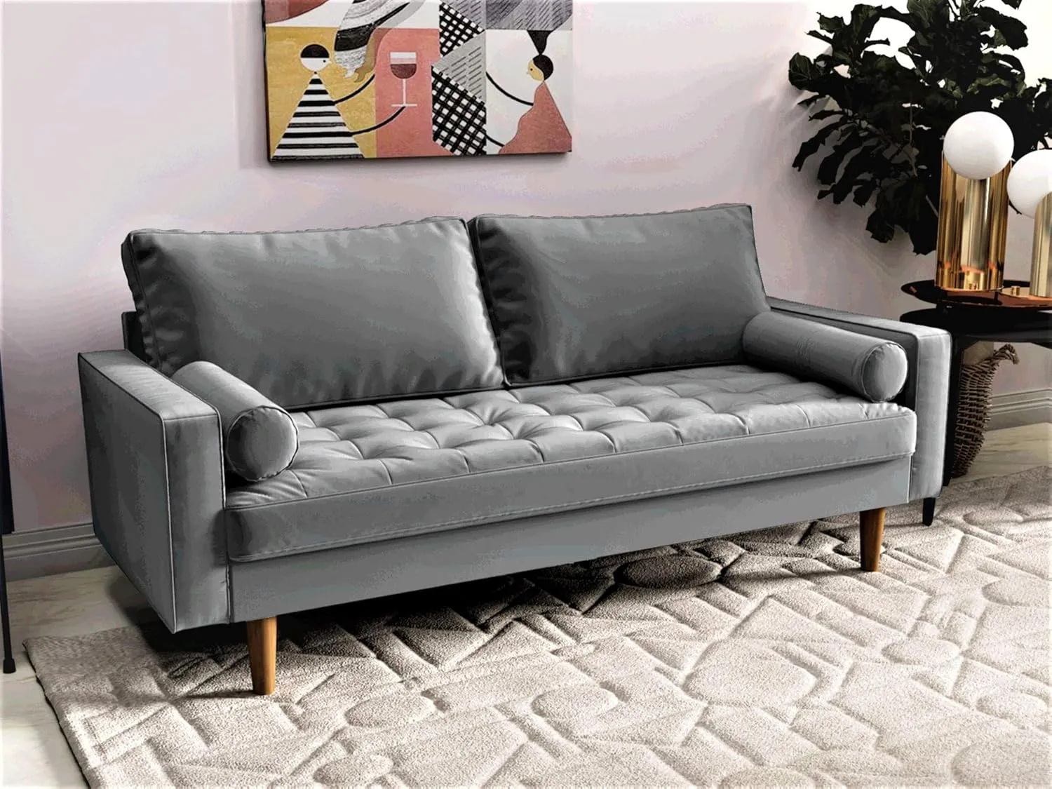 S5457 Mid Century Modern Velvet Upholstered Tufted Living Room Sofa, 69.68", Grey