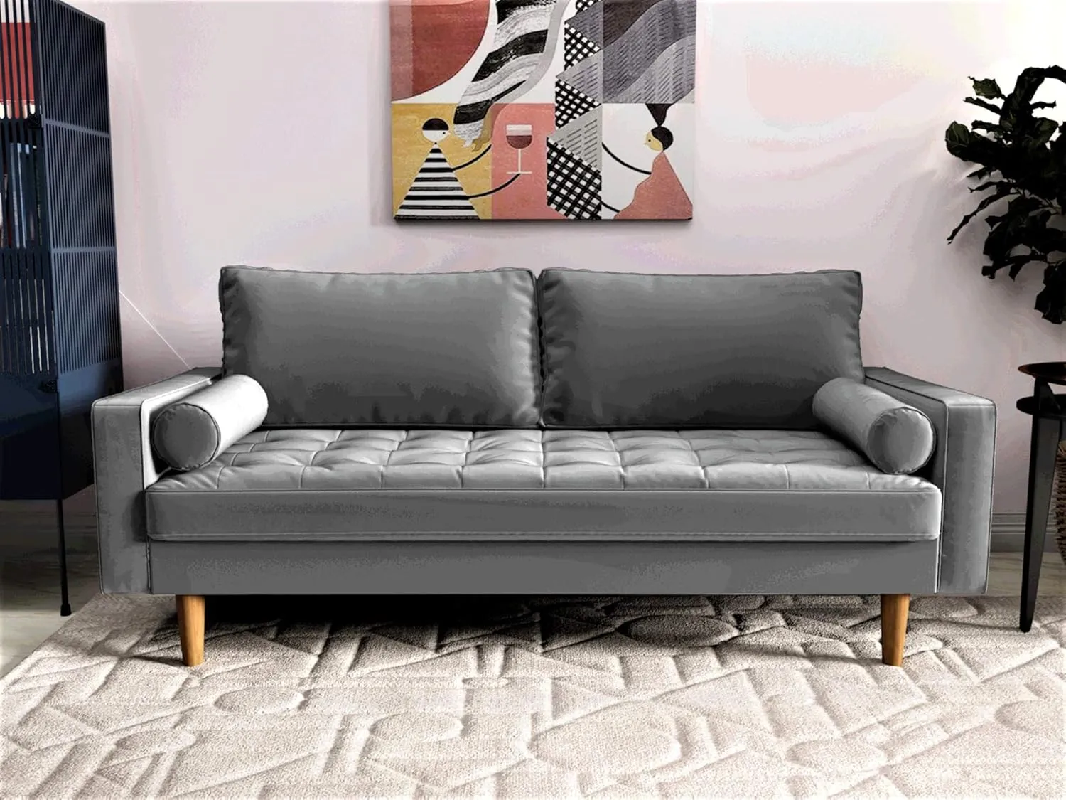 S5457 Mid Century Modern Velvet Upholstered Tufted Living Room Sofa, 69.68", Grey