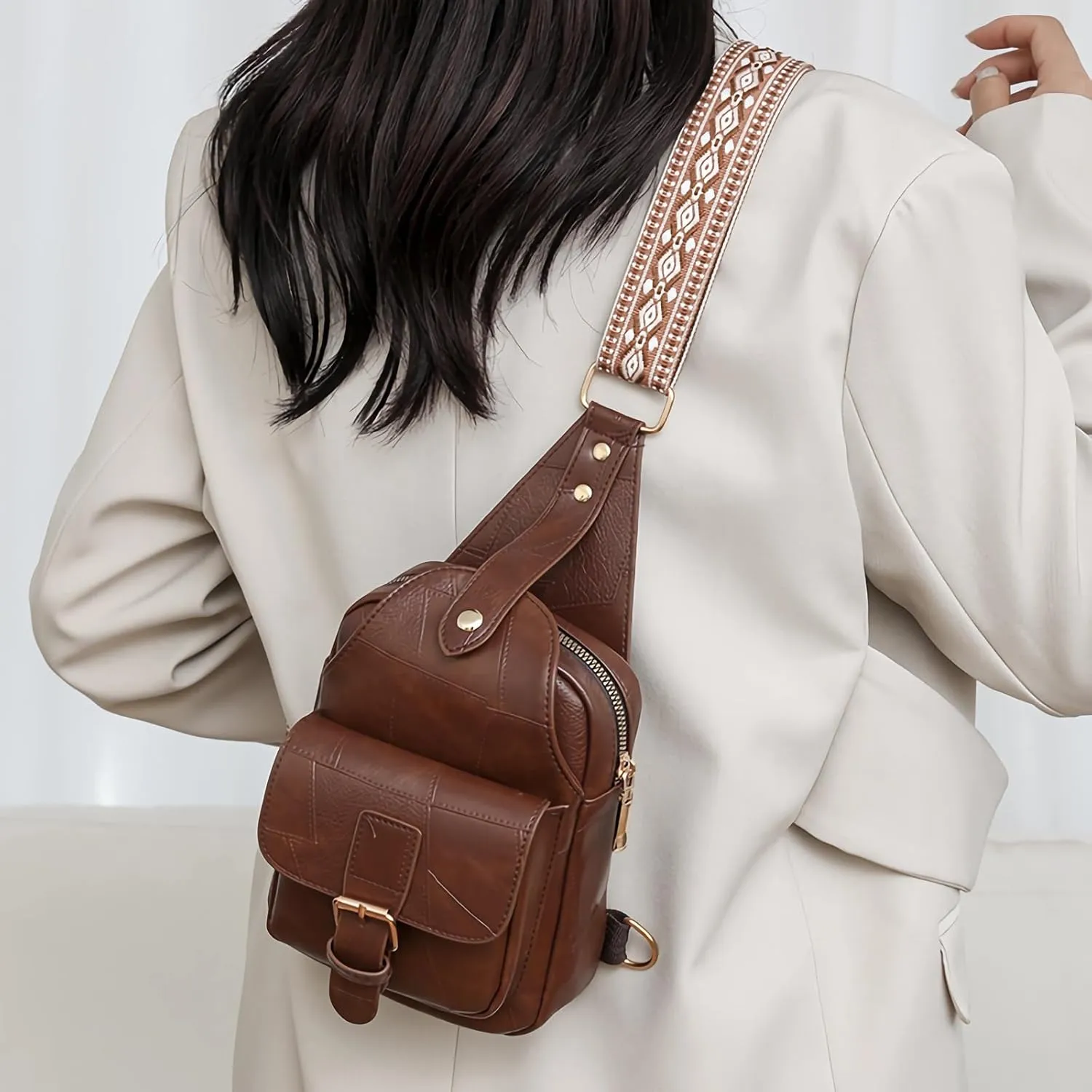 Saddhu Sling Bag for Women Men Leather Crossbody Backpack Cross Body Chest Bag Casual Small Daypack Purse for Hiking Travel