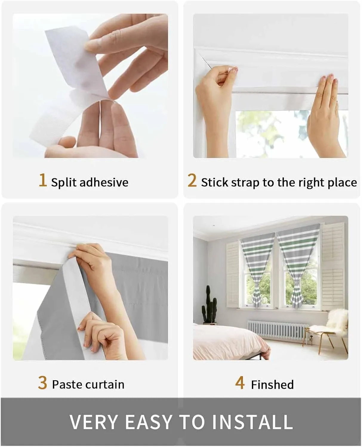 Sage Green Grey Striped Self Adhesive Blackout Curtains with Tiebacks,Portable Rod Pocket Living Room Darkening Curtains,Horizontal Lines Simple Minimalist Thermal Insulated Windows Cover,59Wx72H