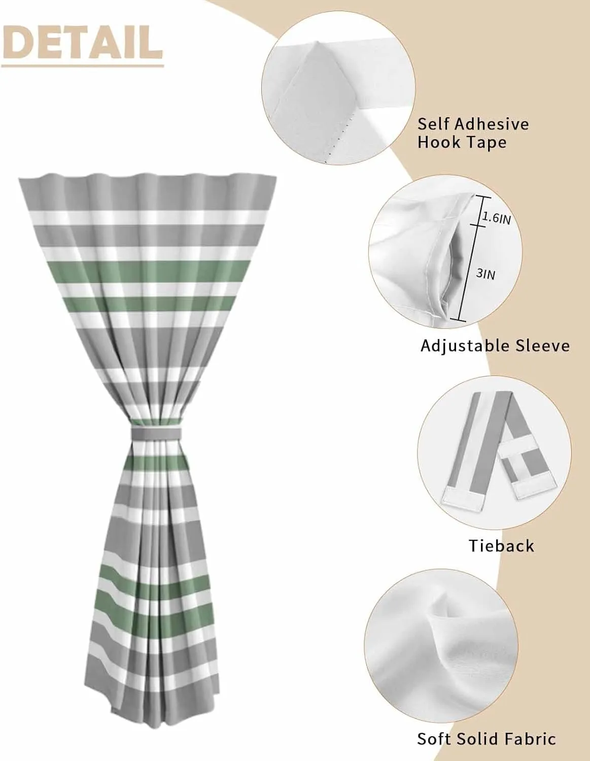 Sage Green Grey Striped Self Adhesive Blackout Curtains with Tiebacks,Portable Rod Pocket Living Room Darkening Curtains,Horizontal Lines Simple Minimalist Thermal Insulated Windows Cover,59Wx72H