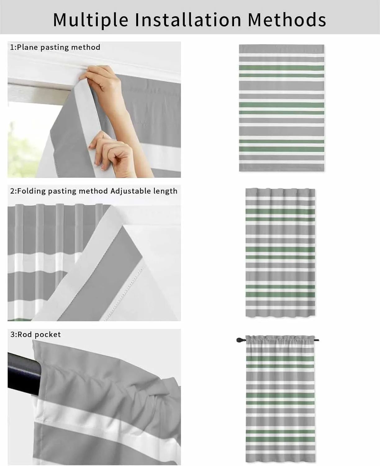 Sage Green Grey Striped Self Adhesive Blackout Curtains with Tiebacks,Portable Rod Pocket Living Room Darkening Curtains,Horizontal Lines Simple Minimalist Thermal Insulated Windows Cover,59Wx72H