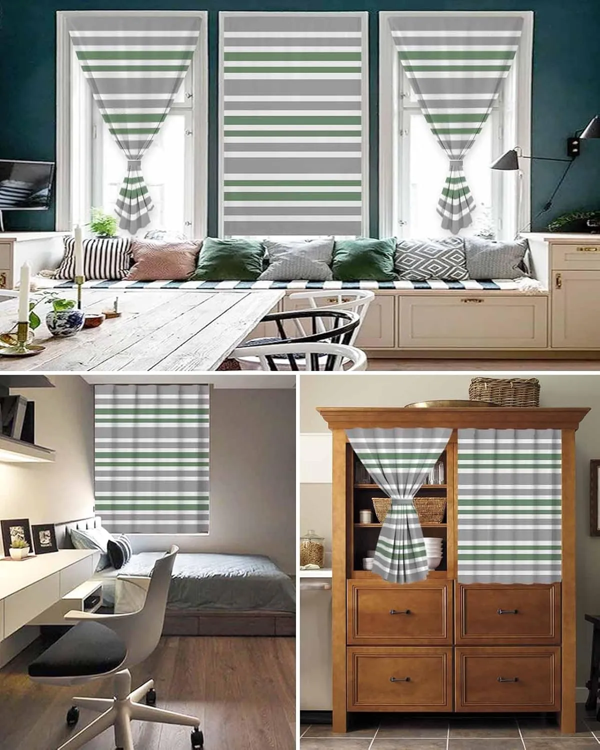 Sage Green Grey Striped Self Adhesive Blackout Curtains with Tiebacks,Portable Rod Pocket Living Room Darkening Curtains,Horizontal Lines Simple Minimalist Thermal Insulated Windows Cover,59Wx72H