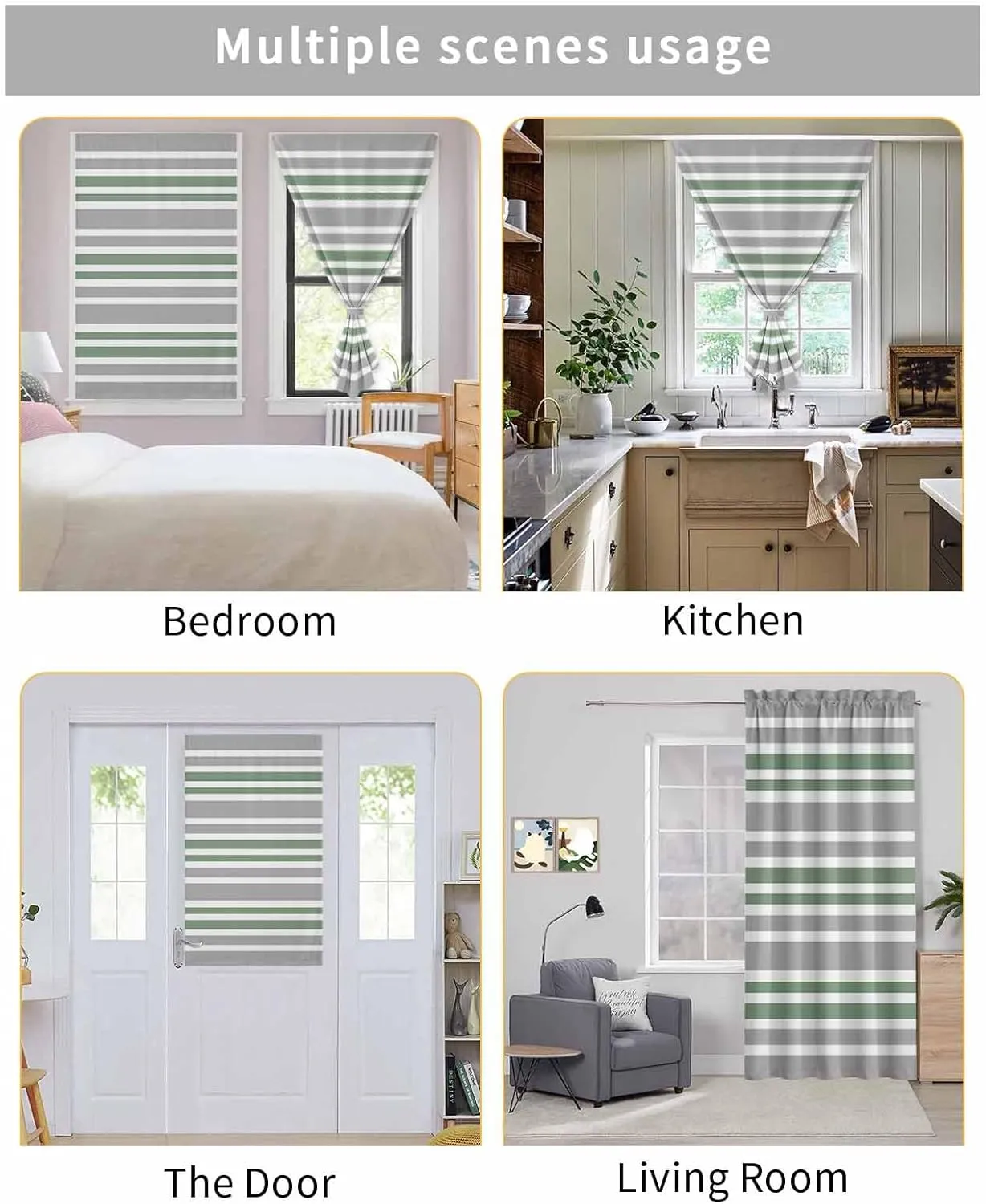 Sage Green Grey Striped Self Adhesive Blackout Curtains with Tiebacks,Portable Rod Pocket Living Room Darkening Curtains,Horizontal Lines Simple Minimalist Thermal Insulated Windows Cover,59Wx72H